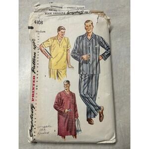 Vintage 1950's Simplicity Pattern #4108 Men's Pajama and Nightshirt Size M